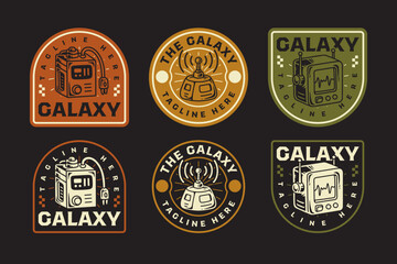 portable radio device, wireless signal transmitter, sci fi communication unit, futuristic monitor device, space tech equipment retro badge patch logo design set for adventure. vector illustration