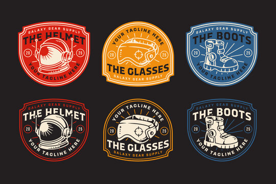 space helmet, protective goggles, tactical boots, sci fi gear, space equipment retro rustic badge patch logo design set for adventure, galaxy, gear, outdoor, technology, gaming. vector illustration