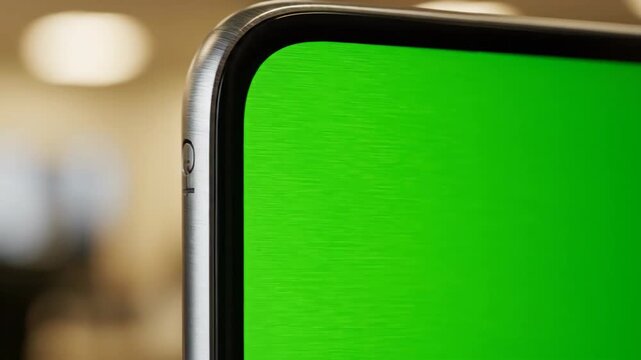 Closeup Smartphone Edge with Bright Green Screen in Warm Indoor Setting.