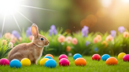 Happy easter sunday with a cute bunny and colorful eggs in a blooming garden