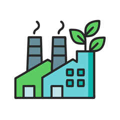 An illustration or icon of an eco-friendly factory with green leaves and smokestacks