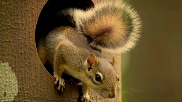 Jungle squirrel peeking out of hollow tree. HD video