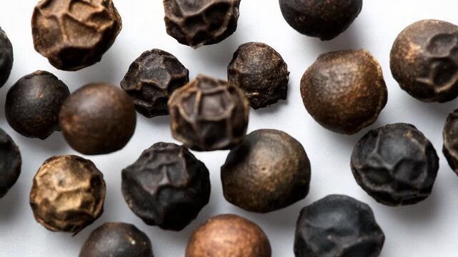 A collection of black and brown allspice seeds on a white surface