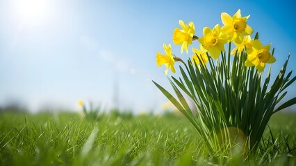 Happy easter sunday wishes with beautiful daffodils in bloom on a sunny day