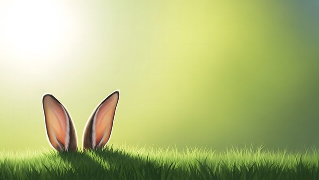Happy easter sunday greeting with easter bunny ears in green grass