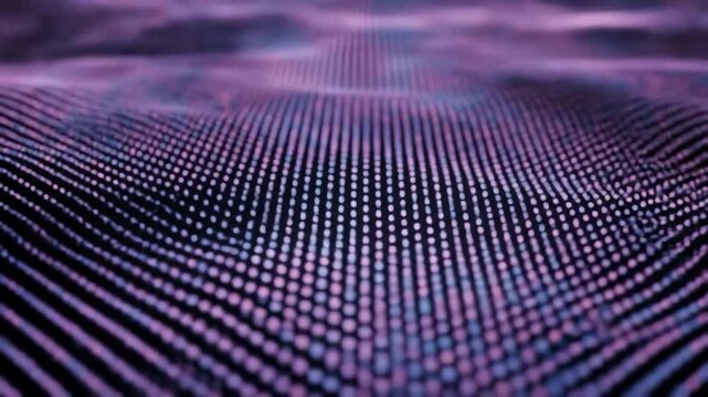 A dark purple and blue abstract background with a grid of tiny dots arranged in lines that converge in the distance, creating a sense of depth and perspective