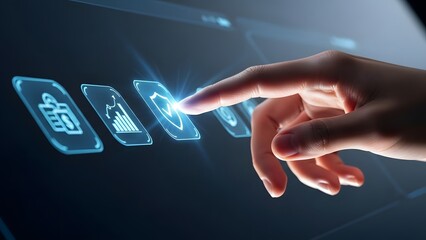 Finger pressing a digital interface with security and financial icons on a dark blue background, representing cyber security and online protection