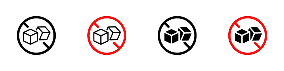 No sugar icons with crossed out sugar cubes in black and red circles Keywords: no sugar, sugar cubes, icon, symbol, prohibition, warning, diet, health, food, drink, restriction, forbidden