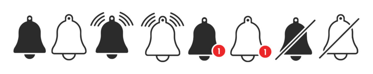Notification bell icon set for new message alert and ringing alarm with silent mute and sound off symbol for web and mobile user interface design vector