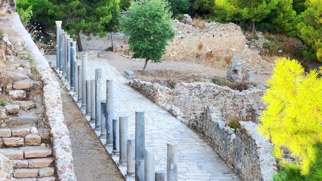 Ruins of the ancient Roman port city of Siedra in Alanya, Antalya, Turkey. The street and ruins of the ancient abandoned ancient city of Siedra on the Mediterranean coast. 4К