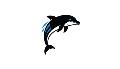 Black Dolphin Jumping with Blue Accents on White Background