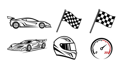 Racing Icons Set Sports Cars Chequered Flags Helmet and Speedometer © nizar