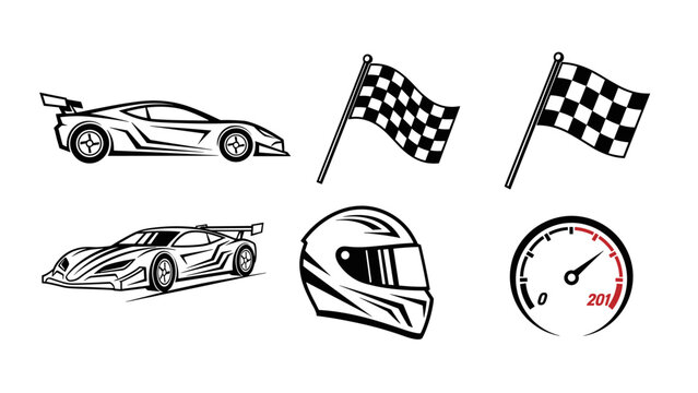 Racing Icons Set Sports Cars Chequered Flags Helmet and Speedometer - Powered by Adobe