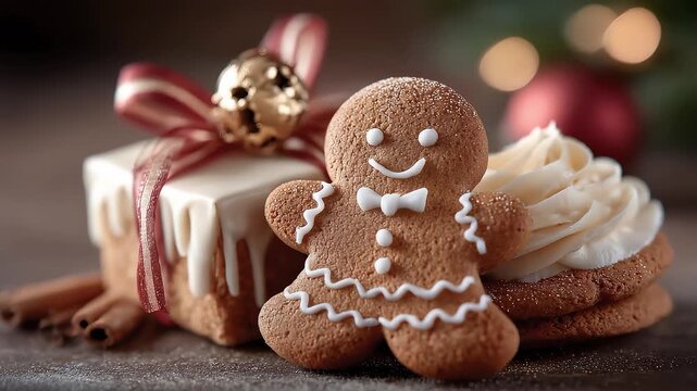 Christmas Gingerbread Man and Gift Presented Warmly