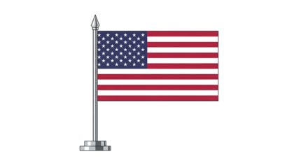 American flag on a silver flagpole isolated on transparent background