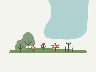 Fototapeta premium Minimalist illustration of a peaceful meadow with trees and flowers under a soft blue sky