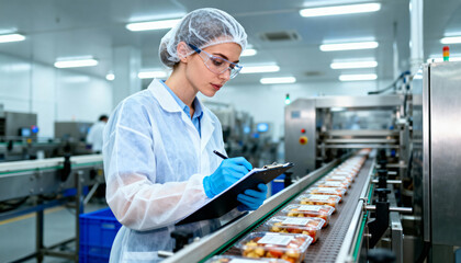 Quality control inspection by a woman in a food processing facility, wearing gloves and a hairnet, checking packaged meals on a conveyor belt for safety and standards compliance