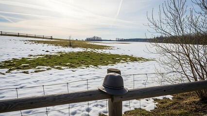 A gray hat sits on a wooden fence post in a snowy field with green grass.