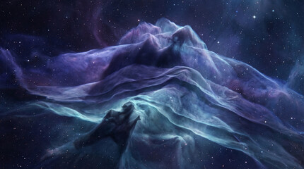 Nebula cloud shaped like a standing wave frozen in space, layered translucent gas sheets glowing gently, color palette of deep indigo, violet, and cold cyan, cinematic volumetric lighting
