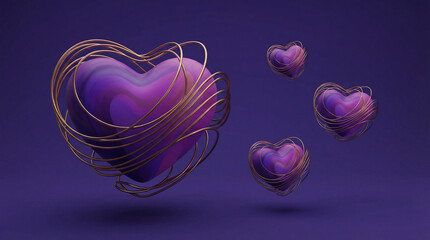 A stylized, abstract composition features multiple 3D heart shapes. The primary heart, positioned centrally, is a vibrant gradient of purple hues, framed by a delicate, metallic