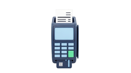 3D render of a payment terminal with receipt and credit card
