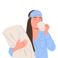 Fototapeta premium Flat vector illustration of a female character wearing sleepwear, holding pillow, yawning, waking up, sleeping, drinking, and relaxing. Concept of sleep routine, bedtime habits, healthy sleep, rest