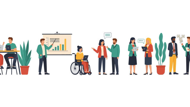 Diverse group of professionals collaborating and presenting in an office setting, showcasing inclusivity and teamwork