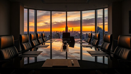 Elegant Boardroom with a Stunning Cityscape View at Sunset, a Symbol of Corporate Success and Ambitious Goals