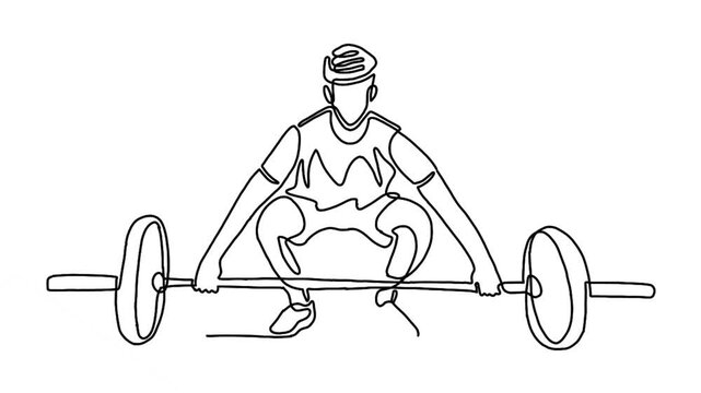continuous line animation of strong weightlifter man preparing for barbell workout