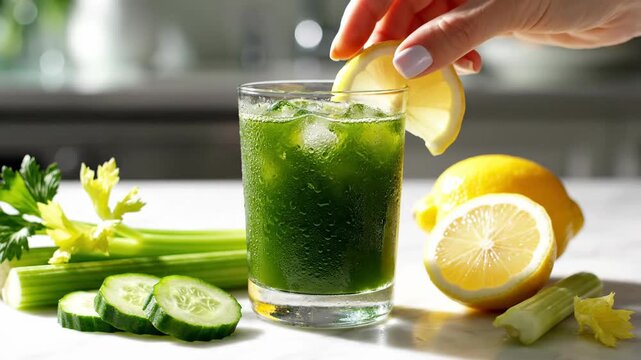 Fresh green vegetable juice in glass with celery and lemon