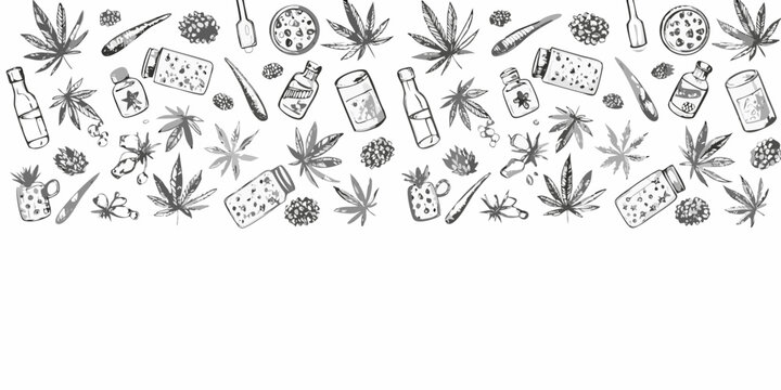 Hand drawn cannabis products and botanical elements arranged in a scattered pattern