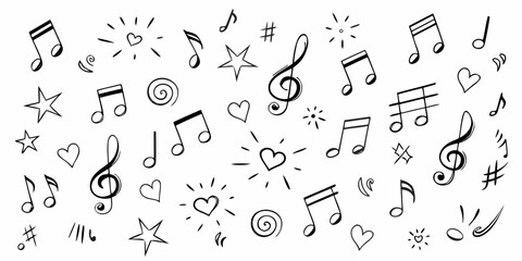 A whimsical collection of musical notes hearts and stars in black and white