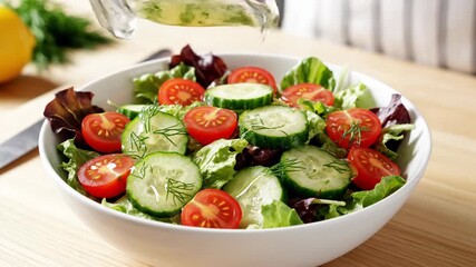 Fresh salad preparation close up vibrant vegetables and dressing