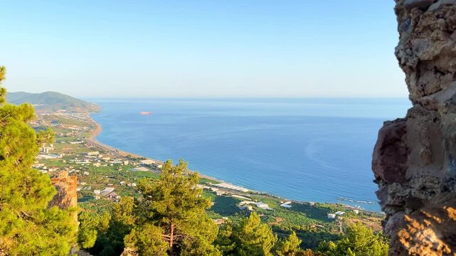 Ruins of the ancient Roman port city of Siedra in Alanya, Antalya, Turkey. The street and ruins of the ancient abandoned ancient city of Siedra on the Mediterranean coast. 4К