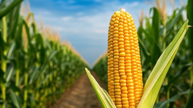 Close-up view of an open, ripe corn cob in a lush green cornfield under a bright blue sky with fluffy clouds.