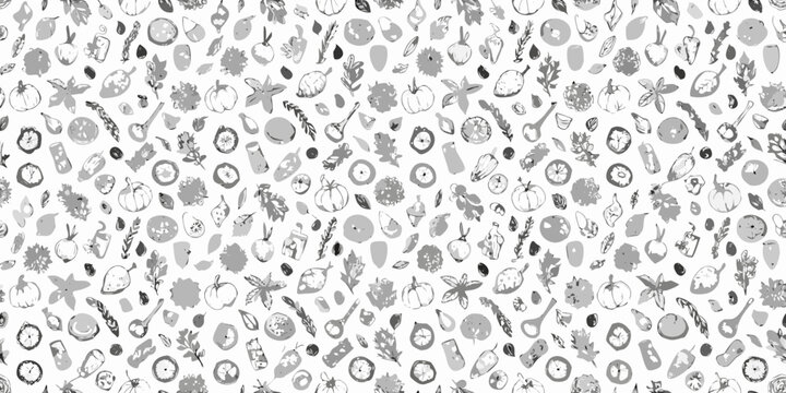 A seamless pattern showcasing various fruits vegetables and marine life sketches