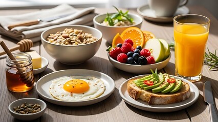 A delicious and healthy breakfast spread featuring a fried egg, avocado toast, oatmeal, fresh fruit, and orange juice.