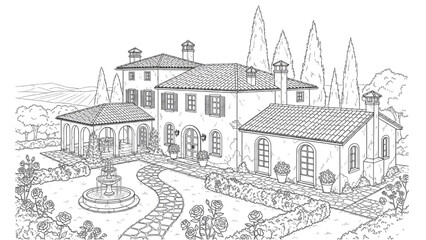 Fototapeta premium High-Quality Black Line Art of Countryside Villa with Garden