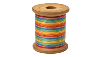 Colorful thread on a wooden spool, vibrant rainbow colors, isolated on transparent background for crafts.