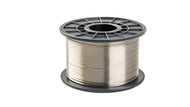 Spool of fine solder wire, metallic and shiny, isolated on transparent background for industrial applications.