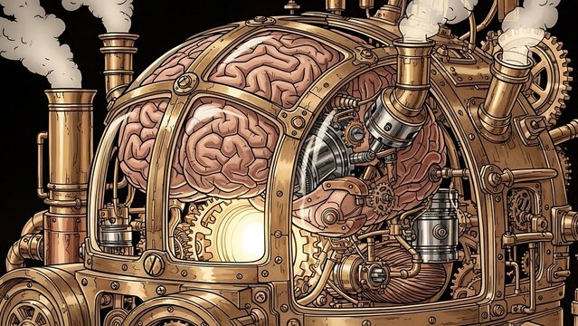Steampunk brain encased in intricate brass machinery