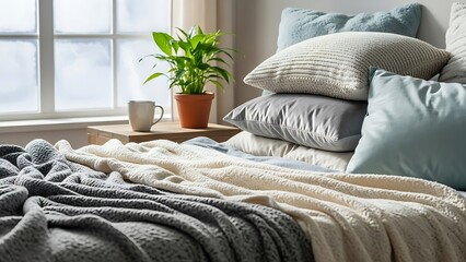 A serene bedroom scene with a potted plant on a wooden nightstand beside a cozy bed.