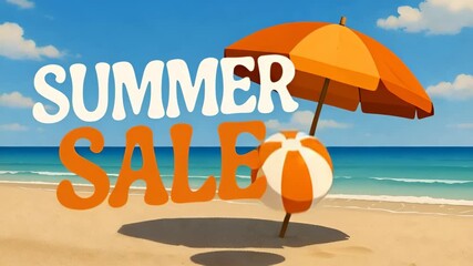 Vibrant summer sale beach scene with umbrella and ball