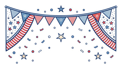 Obraz premium Festive American flag bunting and confetti border, red, white, blue stars, isolated on transparent background.