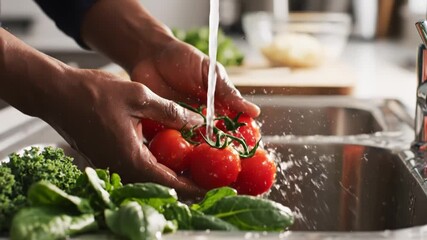 Hands washing fresh tomatoes and leafy greens under running water in kitchen sink.
