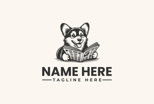 Black and white illustration of a cute dog reading a newspaper with placeholder text for a logo on a clean background.