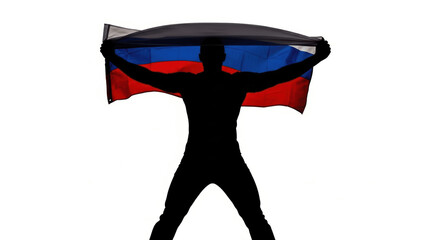 Silhouette of a Patriot Man Holding the Russian National Flag Isolated on White Background