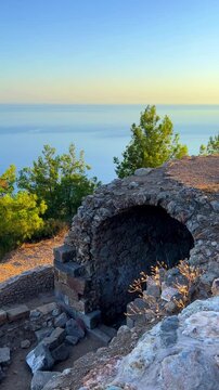 Ruins of the ancient Roman port city of Siedra in Alanya, Antalya, Turkey. The street and ruins of the ancient abandoned ancient city of Siedra on the Mediterranean coast. 4К