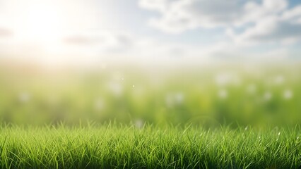A serene and blurry landscape of green grass under a bright sunny sky with clouds