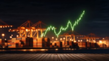 A digital representation of rising market trends with a glowing green line over a port scene filled with shipping containers and cranes at night.